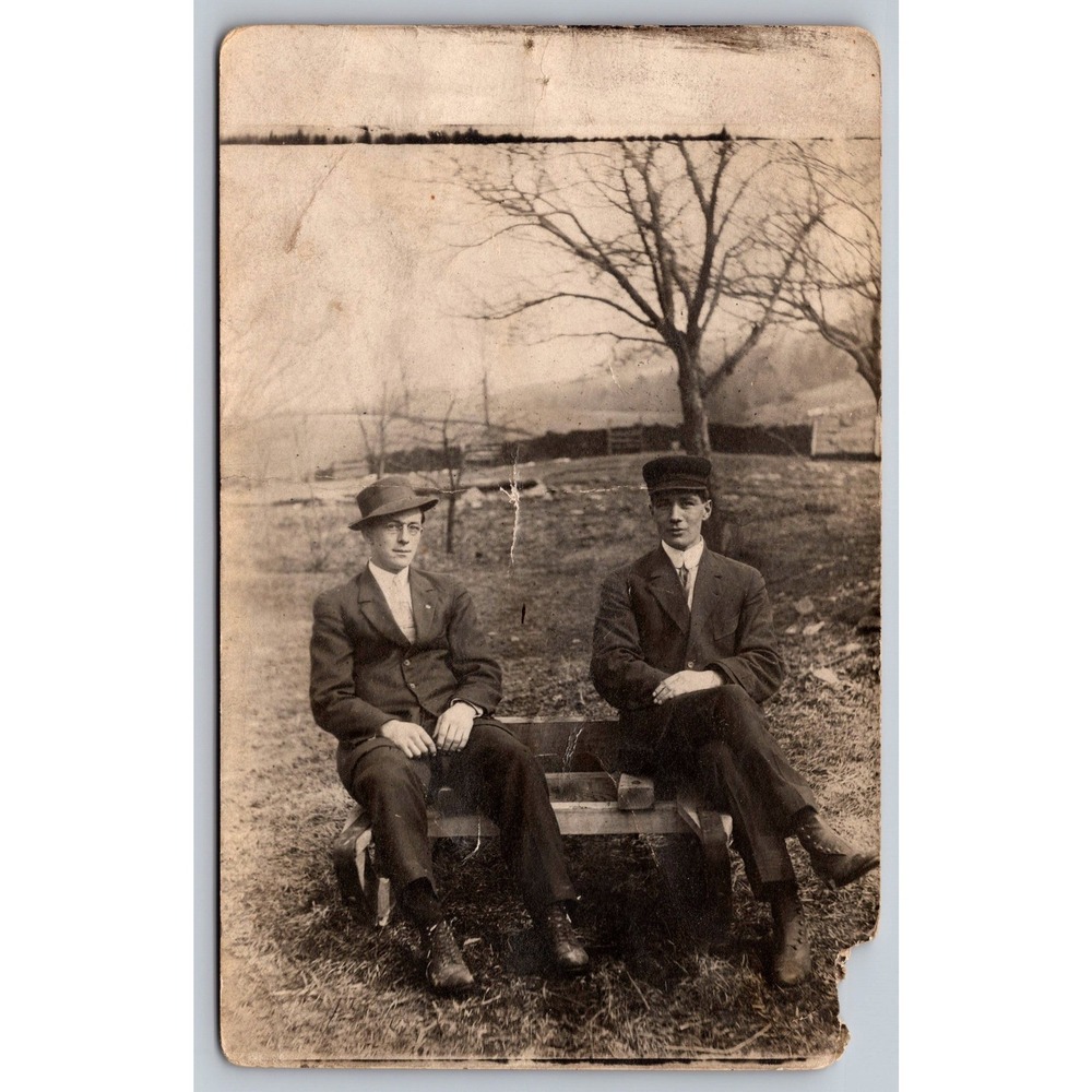 Antique RPPC Real Photo Postcard‎ Two Men Suits Hats Louis Finch Trout Creek NY